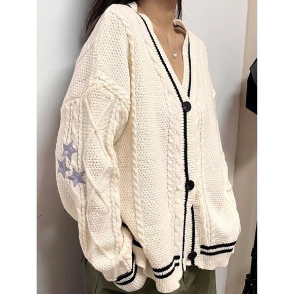 Women's Acrylic Knit Cardigan V-Neck Long Sleeve Oversized Button Sweater - Picture 3 of 7